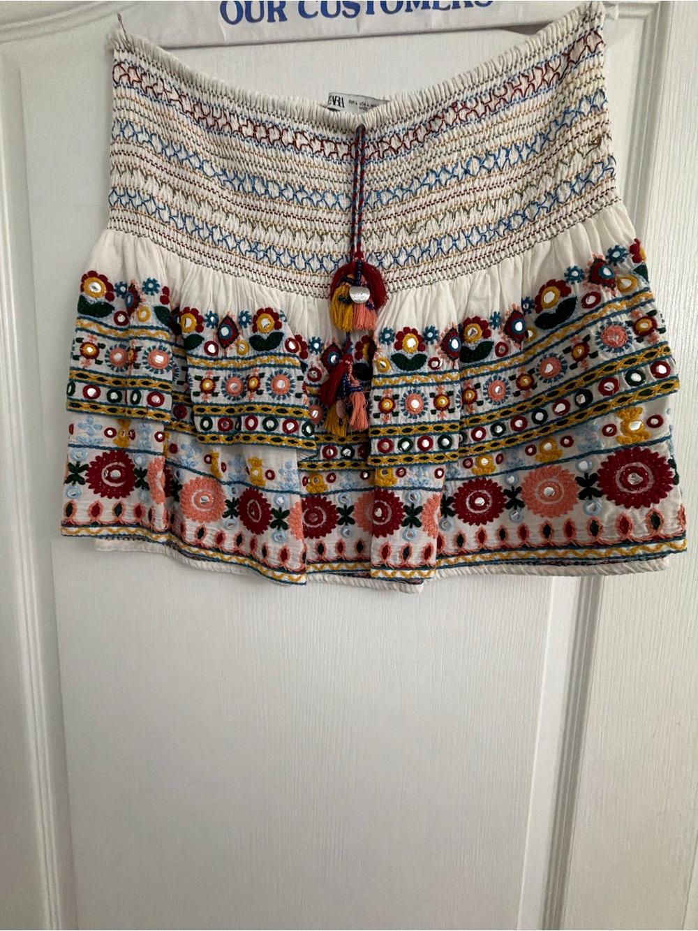 Zara White Mini Skirt with Multicolor Embroidered Floral Accents
